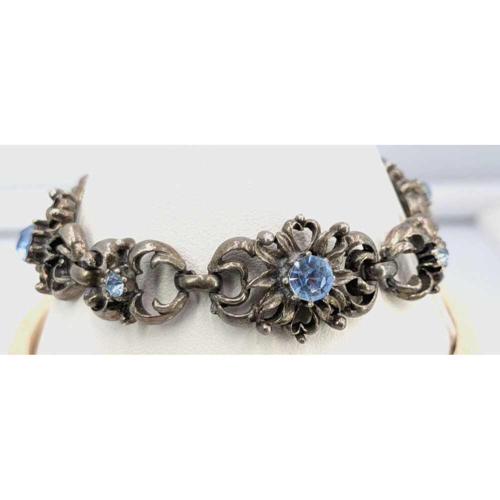 Coro Bracelet Silver Tone Blue Rhinestone Ornate Floral Link Vintage Wide 7.5